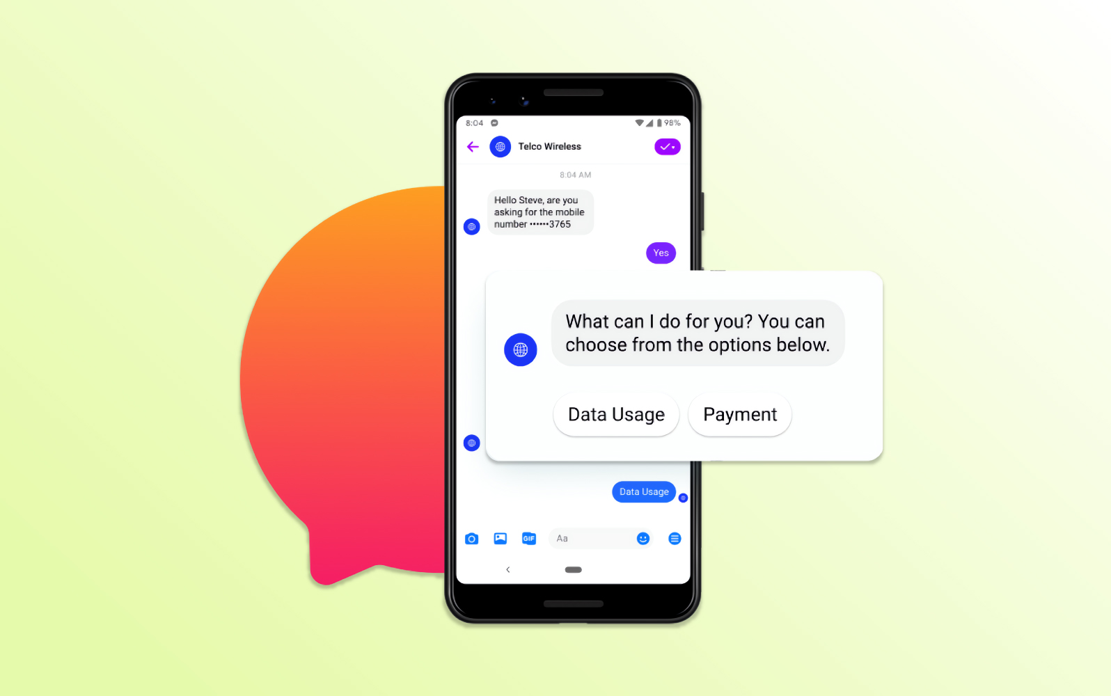 A phone screen shows a Meta Messenger chatbot offering “Data Usage” and “Payment” options, powered by a chatbot API.