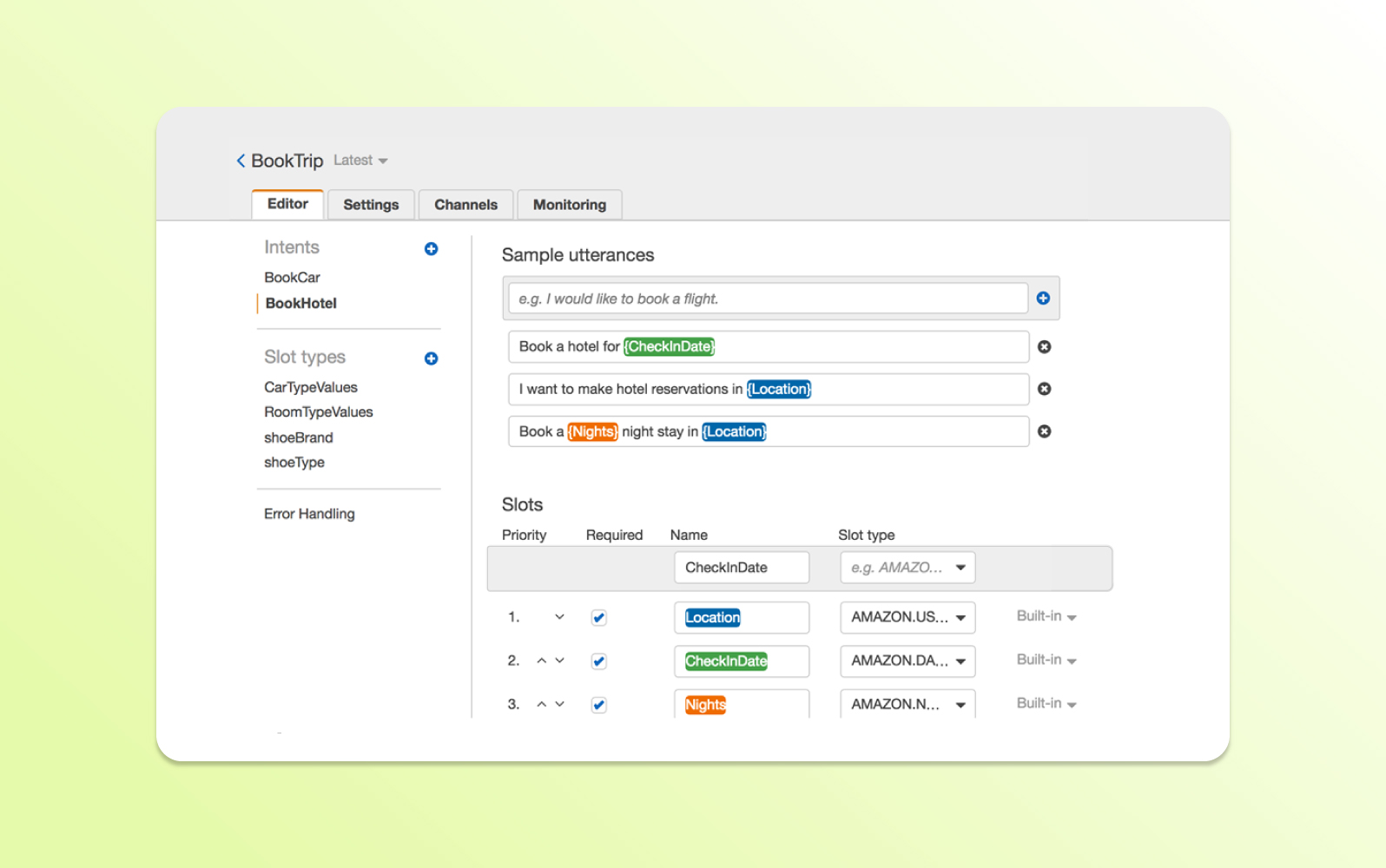 Amazon Lex’s BookTrip chatbot setup displays sample phrases and slots, showcasing the versatility of a chatbot API in action.