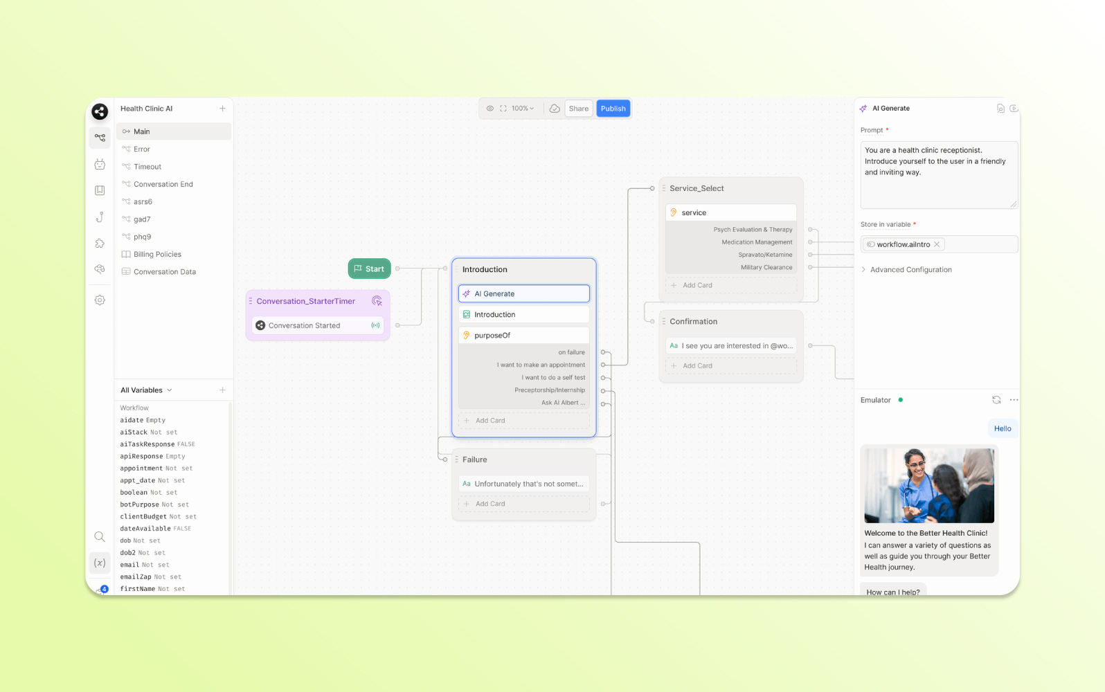 A Botpress chatbot API diagram for a clinic routes patients through different dialogue paths, with each step linked via the API.