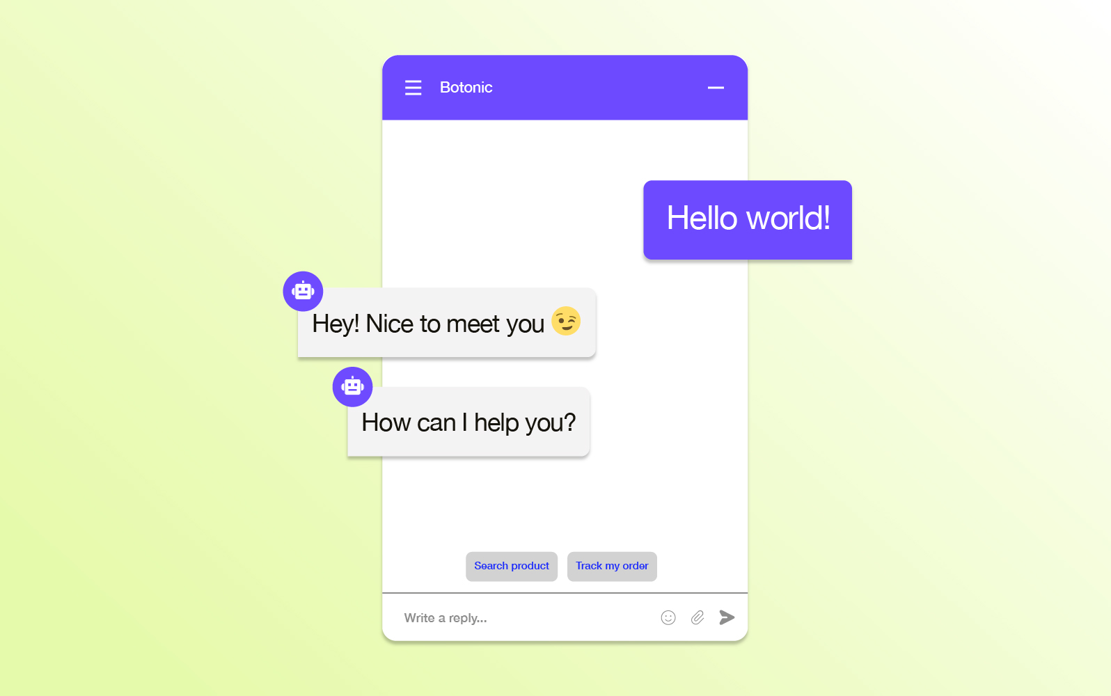 A Botonic chatbot interface displays a simple “Hello world!” exchange, offering a basic example of a chatbot API at work.