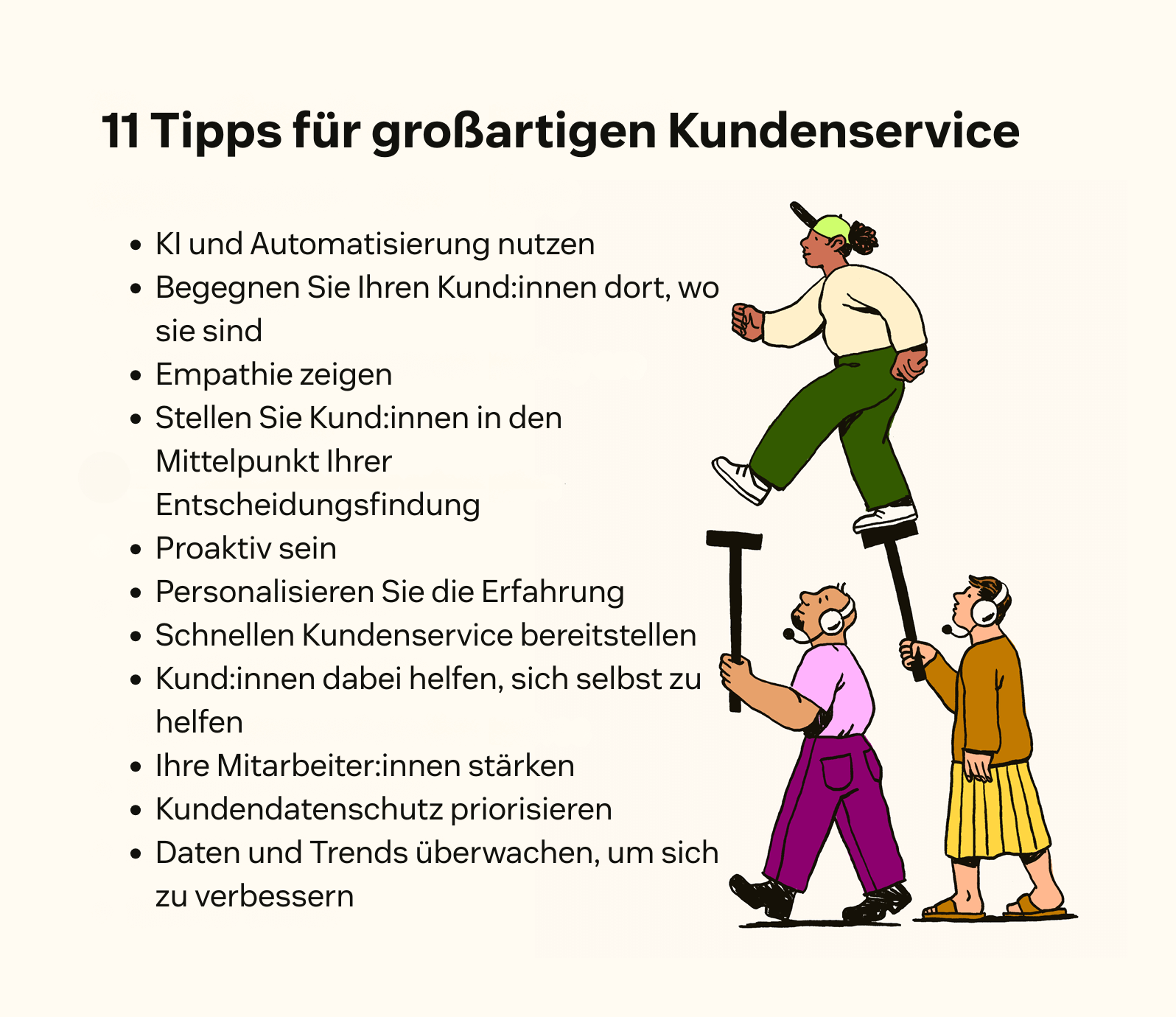 Eine Aufzählung zeigt die wichtigsten Tipps für exzellenten Kundenservice.