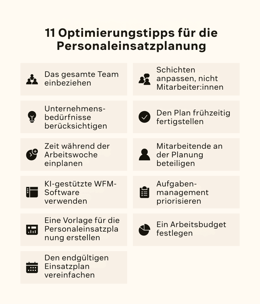 Elf Symbole stellen Tipps zur Optimierung der Personaleinsatzplanung dar.