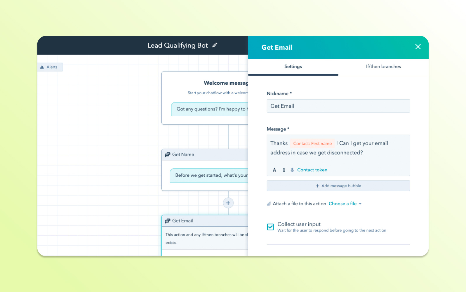 A HubSpot chatbot API flow builder shows a drag-and-drop design for qualifying leads, powered by the chatbot API.