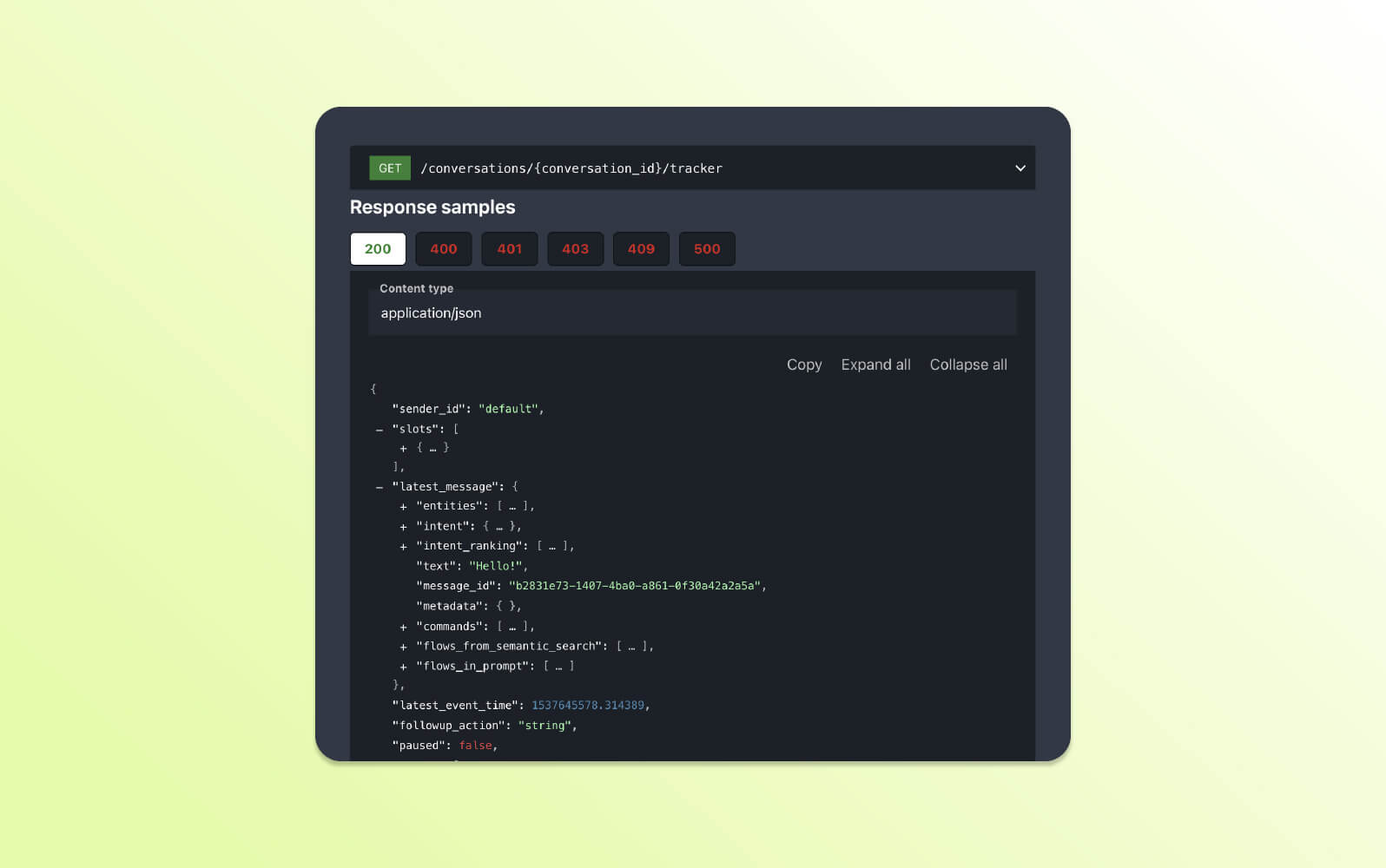 Rasa chatbot API output in JSON format shows intents, messages, and conversation tracking, structured through chatbot APIs.