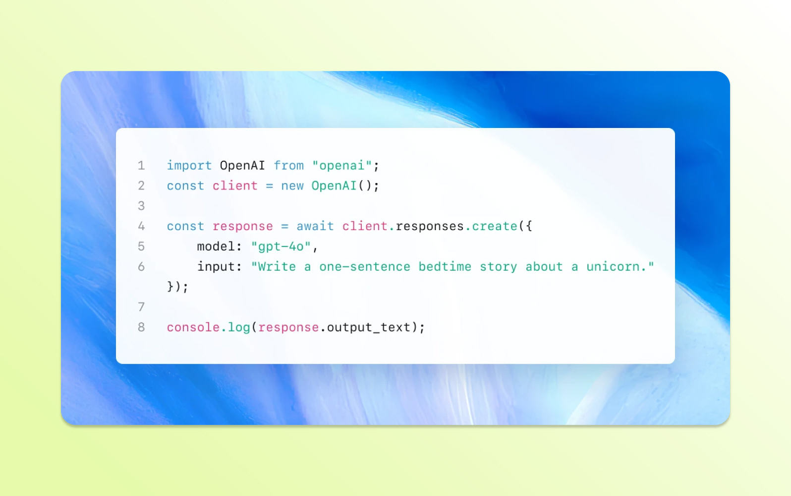 A code snippet sends a unicorn story request to OpenAI’s gpt-4o via a chatbot API, demonstrating how conversational AI is built.