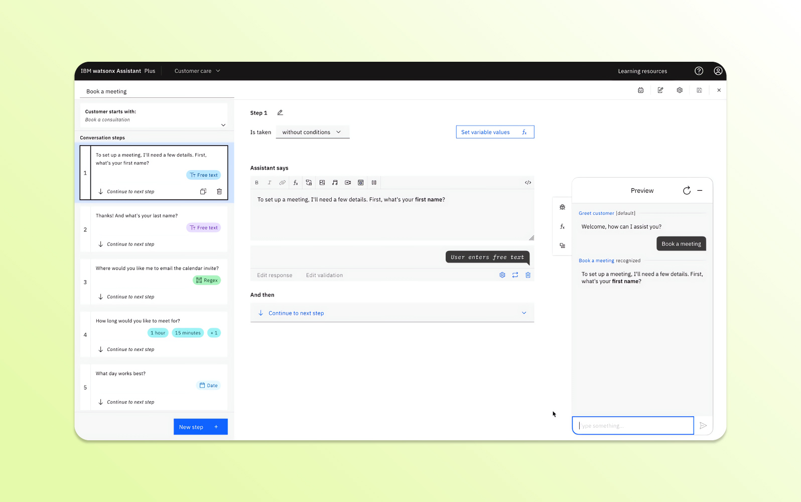 IBM Watson Assistant chatbot API interface maps a “Book a meeting” flow, showing the complexity possible with chatbot APIs.