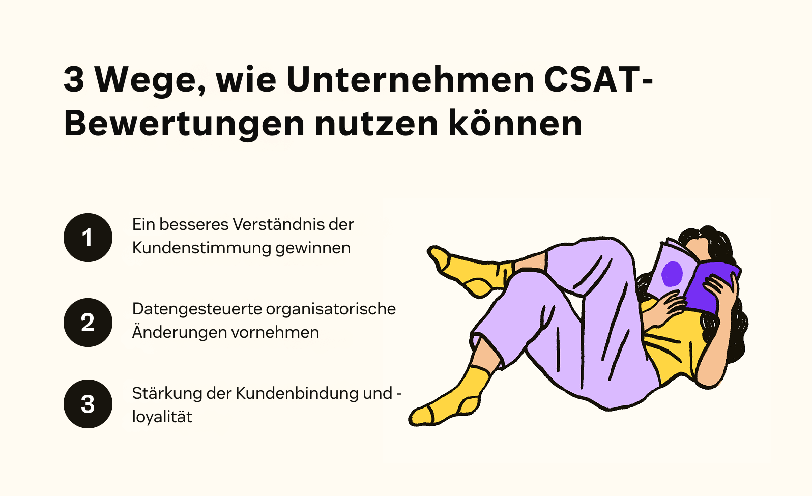 Bild einer Person, die ein Buch liest, neben einer Liste mit drei Nutzungsmöglichkeiten des CSAT-Wertes für Unternehmen.
