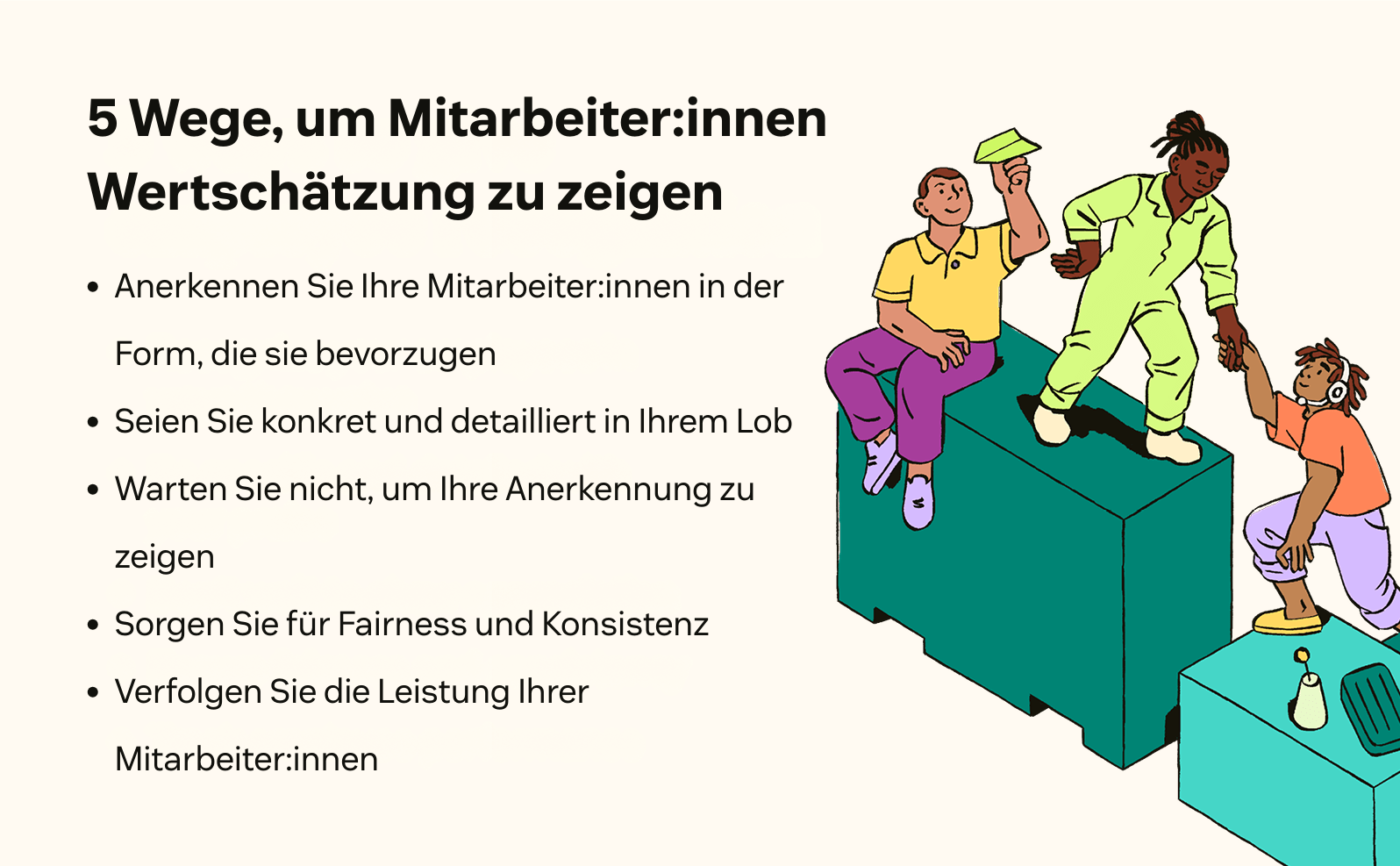 Eine Illustration zufriedener Kolleg:innen begleitet die Liste der besten Methoden für Wertschätzung der Mitarbeiter:innen.