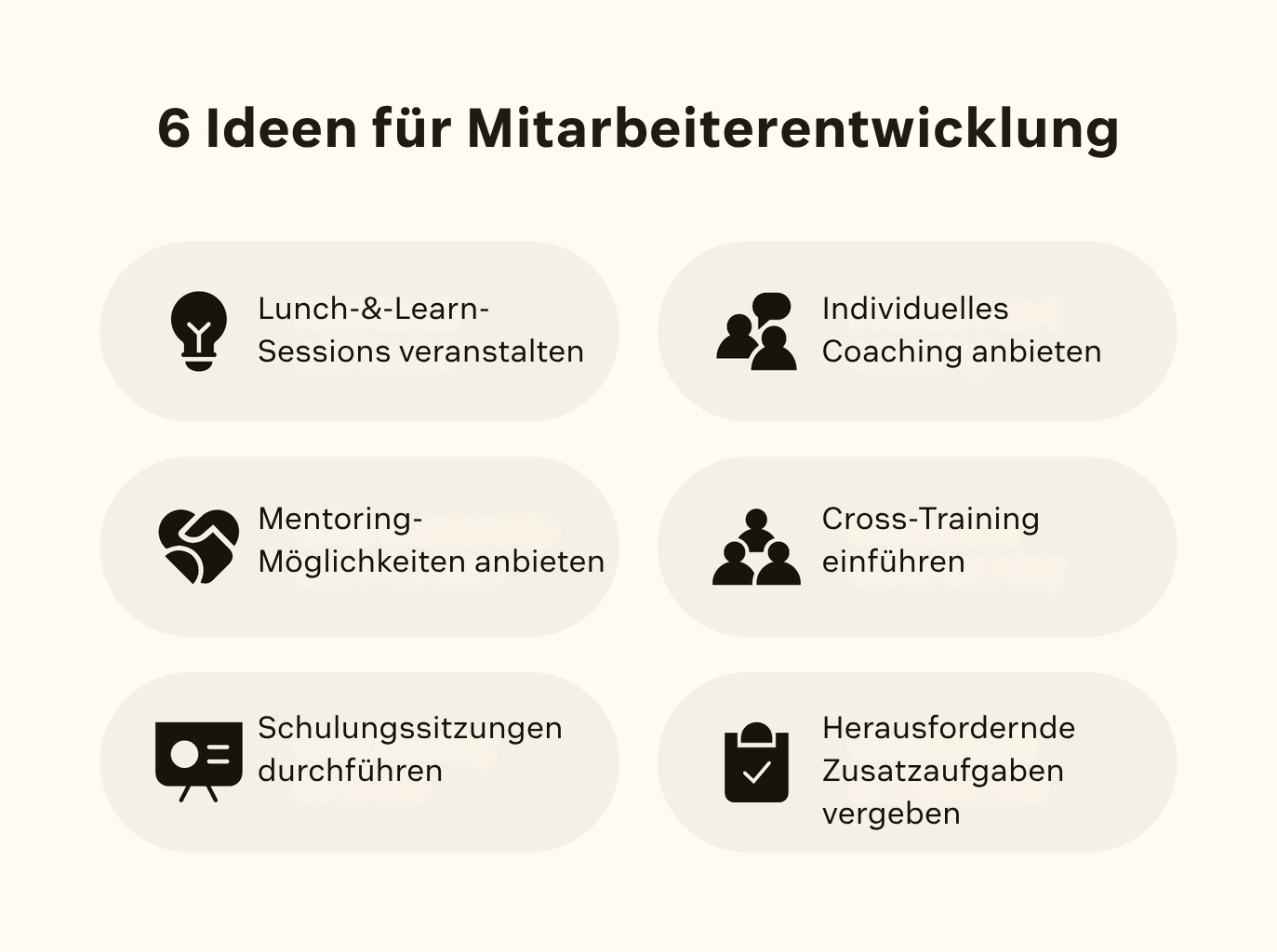 Sechs Symbole repräsentieren sechs Ideen zur Mitarbeiterentwicklung.