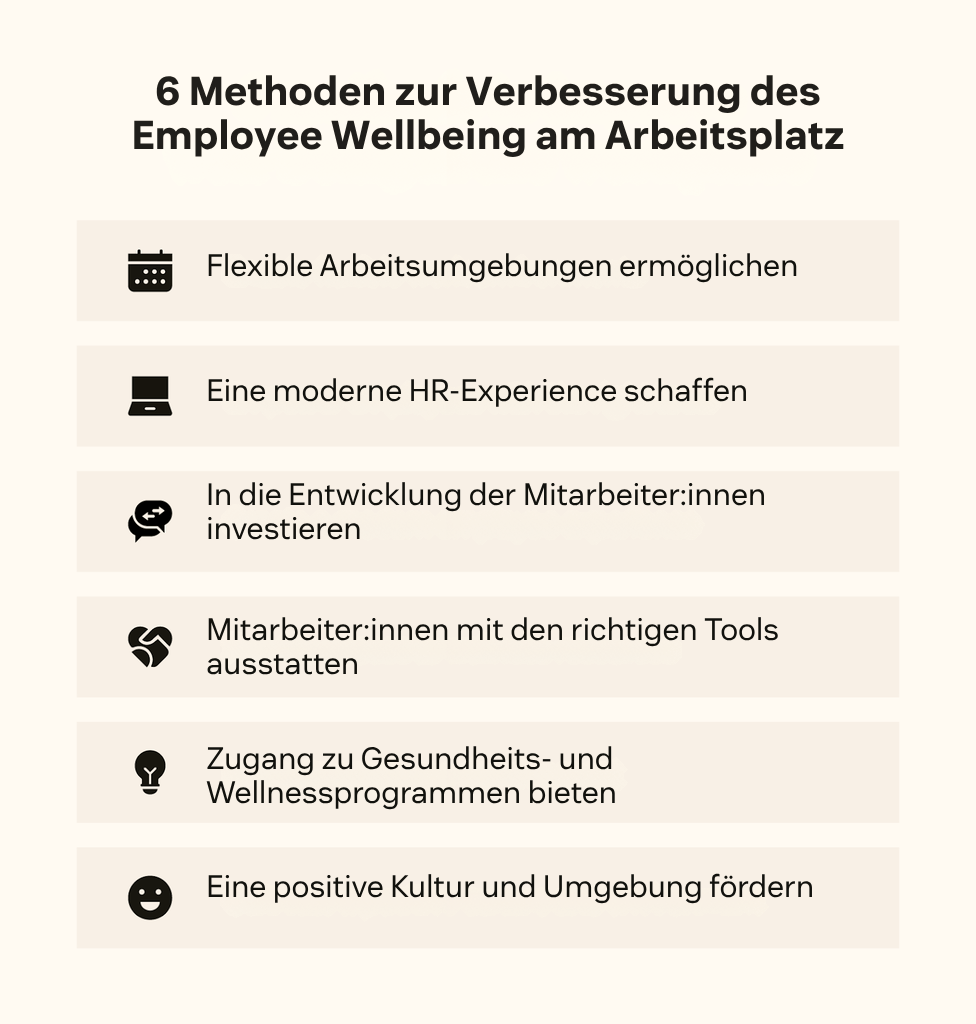 Sechs Symbole stellen Möglichkeiten dar, Employee Wellbeing am Arbeitsplatz zu verbessern.