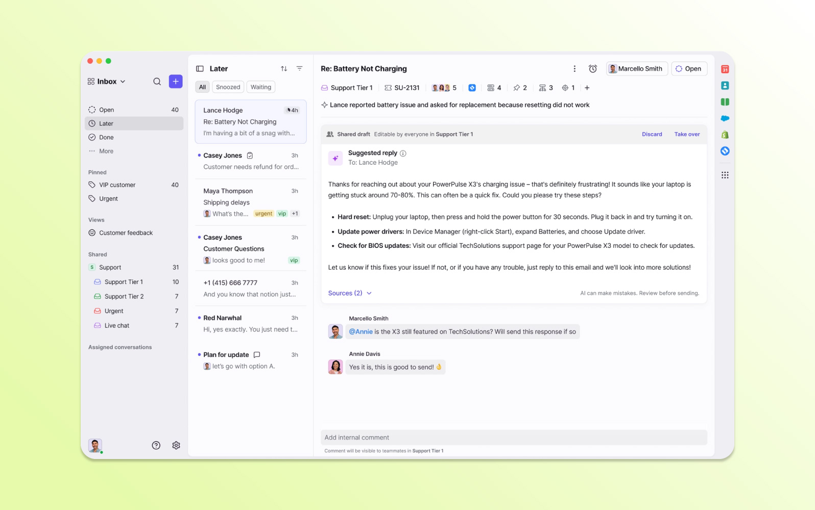 Screenshot der Front Helpdesk-Ticketing-Software mit einem kollaborativen Posteingang für E-Mail, Chat und Team-Nachrichten.