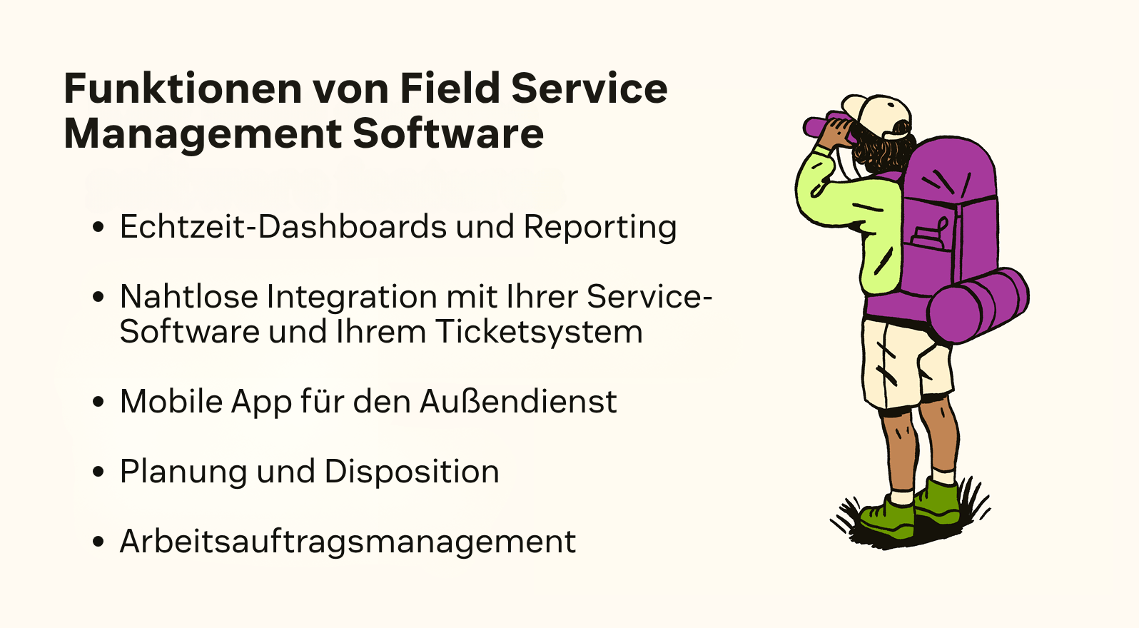Eine Person in Wanderkleidung blickt durch ein Fernglas; daneben stehen die fünf wichtigsten Funktionen von Field Service Software.