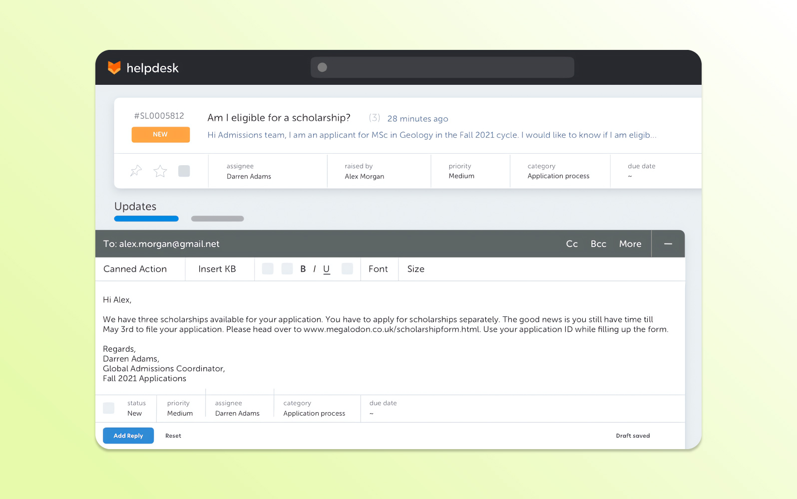 Screenshot der HappyFox Helpdesk-Ticket-Software mit einem intuitiven Dashboard zum Nachverfolgen von Anfragen und Automatisieren von Workflows.