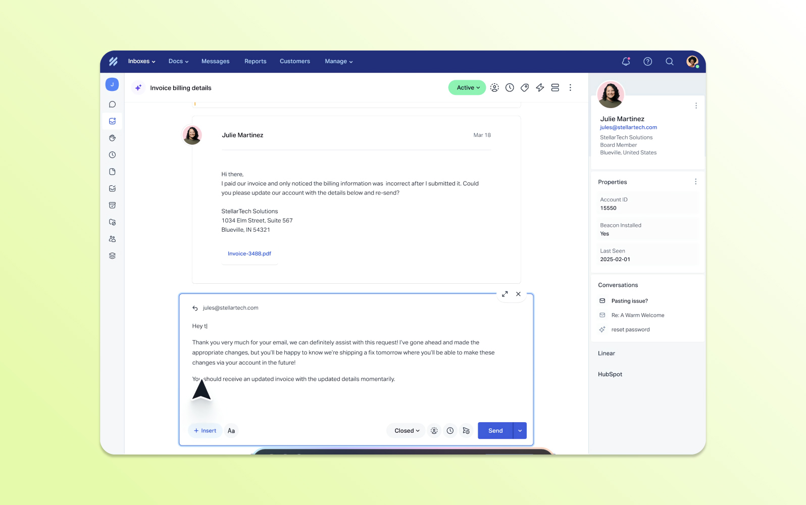 Screenshot der Help Scout Helpdesk-Ticketing-Systeme mit gemeinsamem Posteingang, Kundenprofilen und Wissens-Tools.