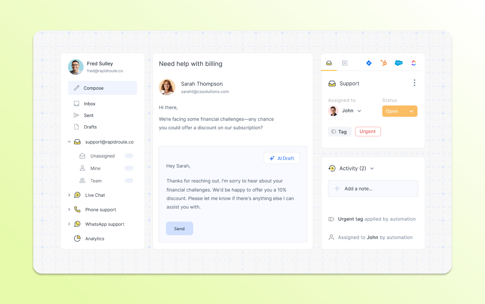 Screenshot des Hiver Helpdesk-Ticketing-Systems in Gmail mit E-Mail-Zuweisung, Nachverfolgung und Team-Kollaboration.