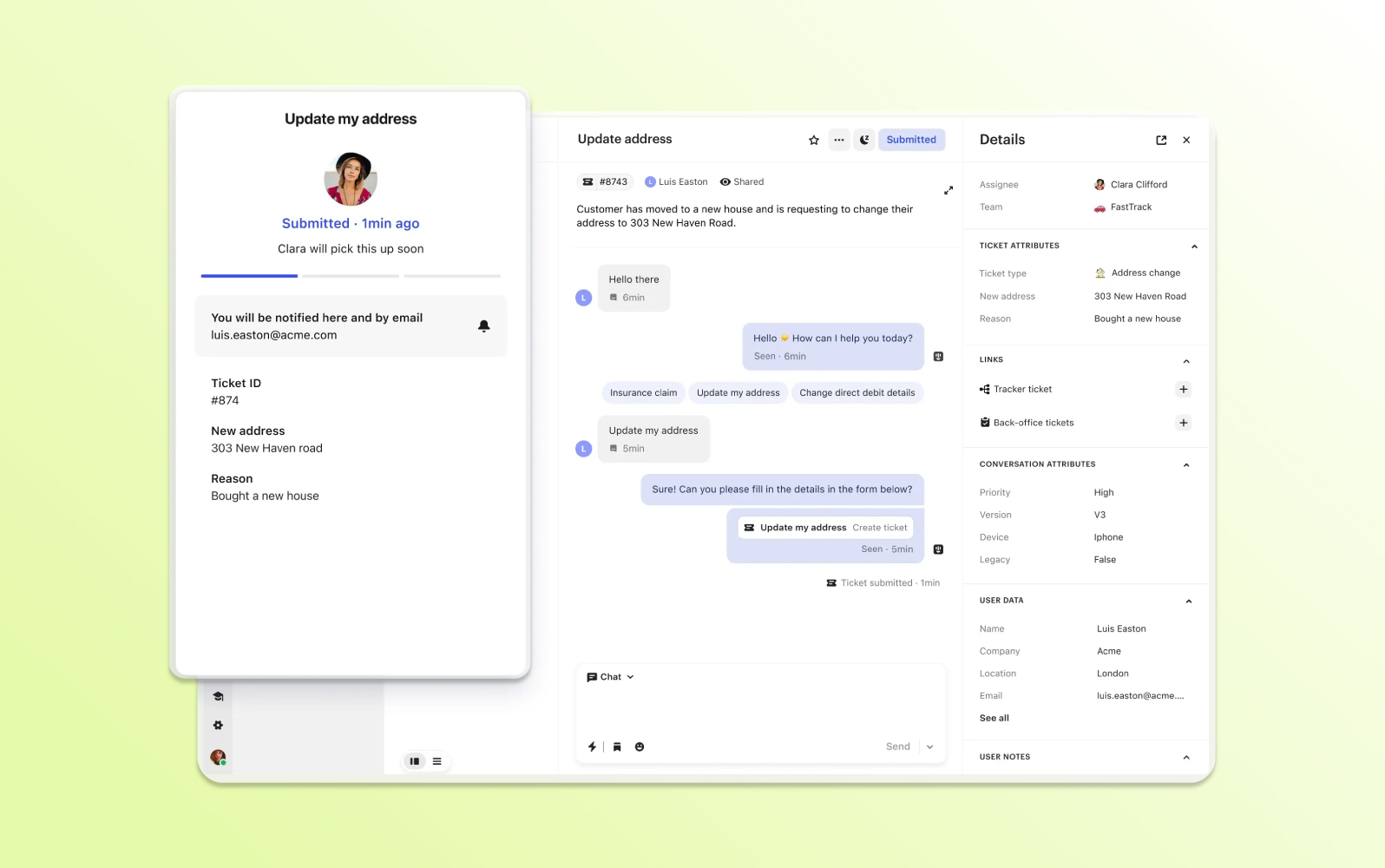 Screenshot der Intercom Helpdesk-Ticketing-Software mit chatbasierter Oberfläche für Echtzeit-Kundenkommunikation.