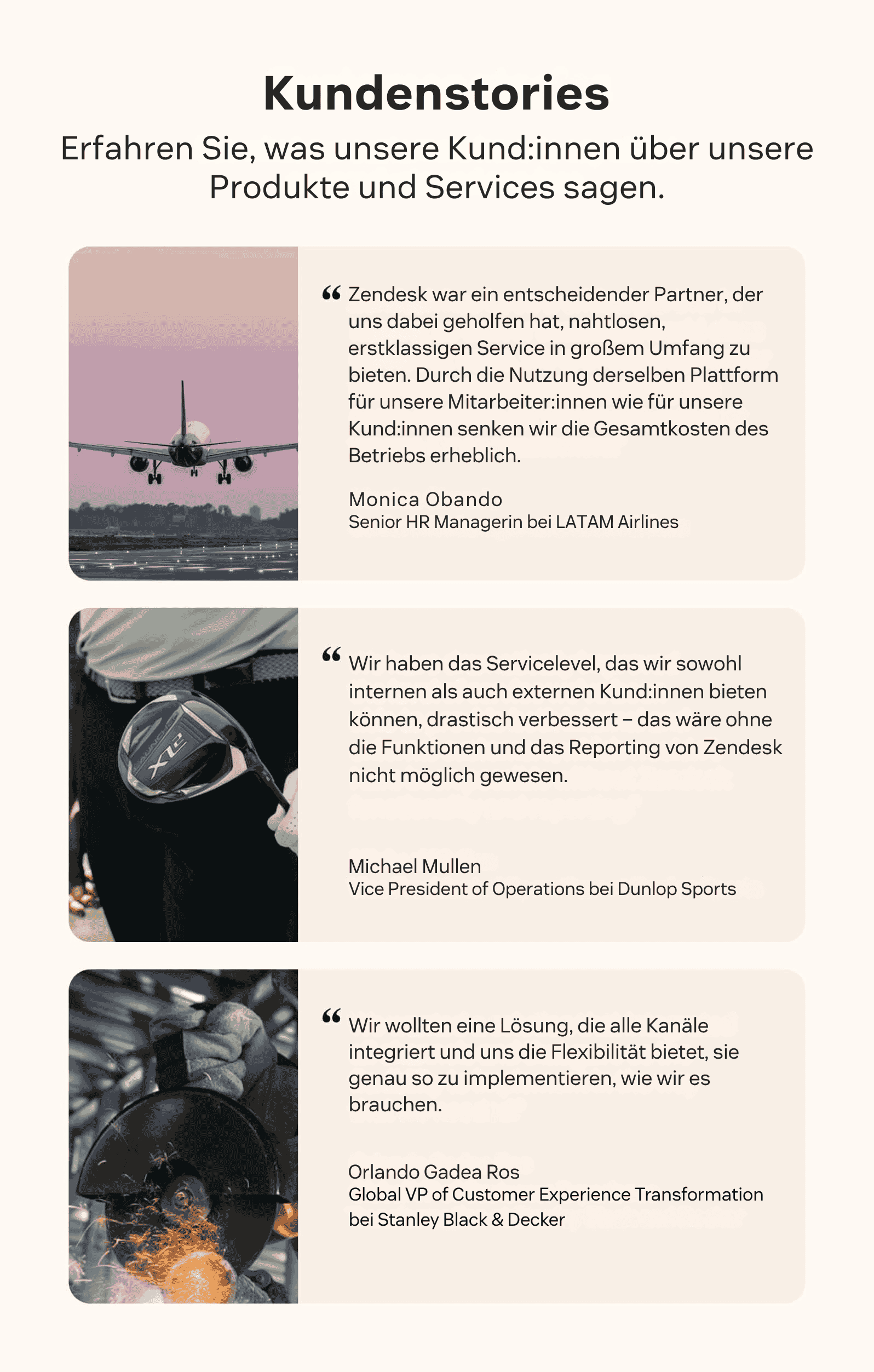 Ein Beispiel für eine Testimonial-Seite mit drei Testimonials, Bildern und Zitaten.