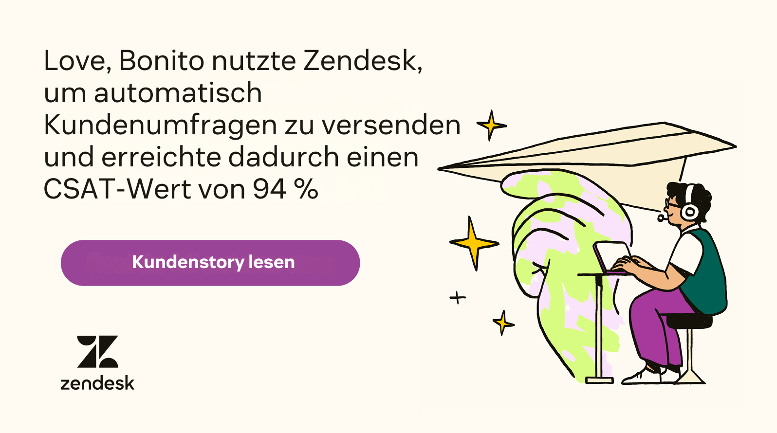 Love, Bonito nutzte Zendesk, um automatisch Kundenumfragen zu versenden und erreichte dadurch einen CSAT-Wert von 94 Prozent.