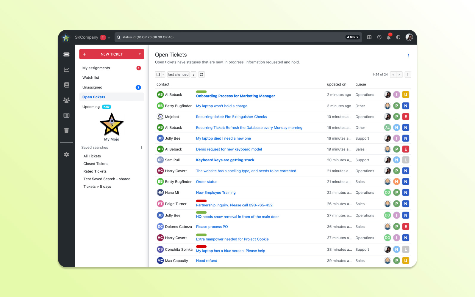 Screenshot des Mojo Helpdesk-Ticketing-Systems mit einfacher Oberfläche für Support-Anfragen und Wissensdatenbank-Erstellung.