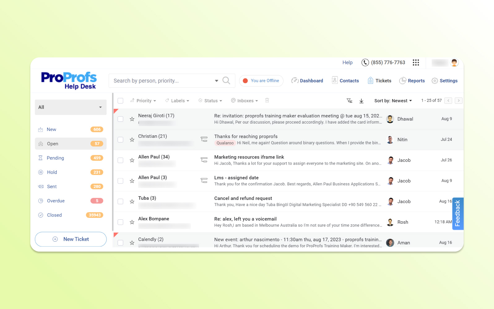 Screenshot der ProProfs Helpdesk-Ticket-Software mit Live-Chat, Ticket-Tracking und Self-Service-Wissensdatenbank.