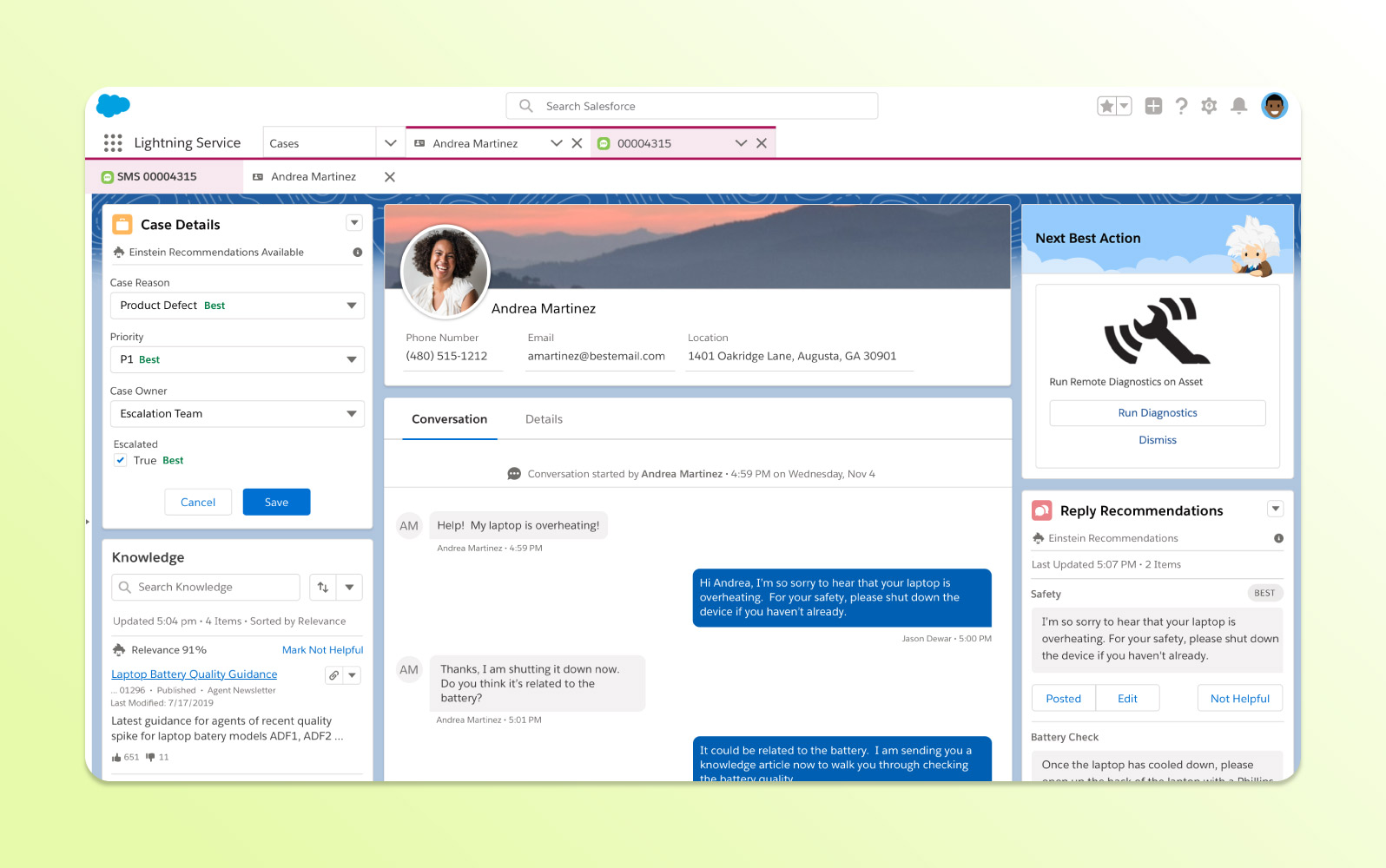 Screenshot der Salesforce Service Cloud Helpdesk-Software mit Fallmanagement und Kunden-Einblicken.