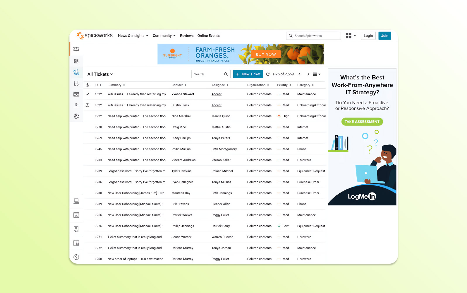 Screenshot der Spiceworks Helpdesk-Ticket-Software mit IT-basiertem Ticket-Tracking, Netzwerk-Monitoring und Inventar.