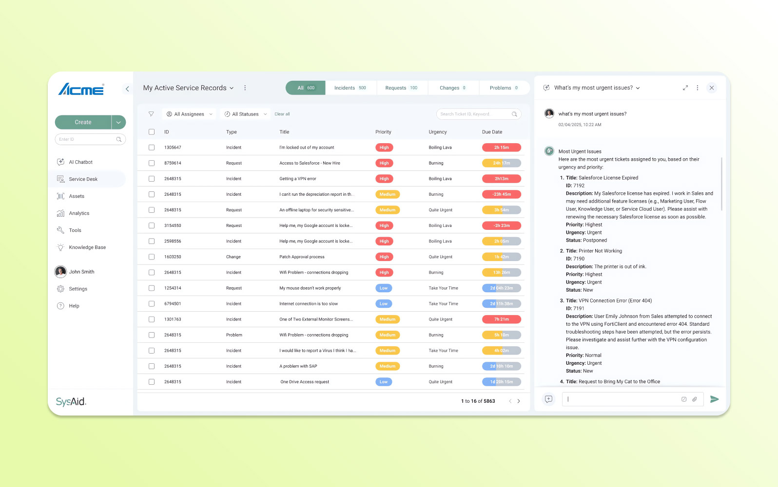 Screenshot der SysAid Helpdesk-Ticketing-Software mit Modulen für Service Desk, Asset-Management und Performance-Reporting.