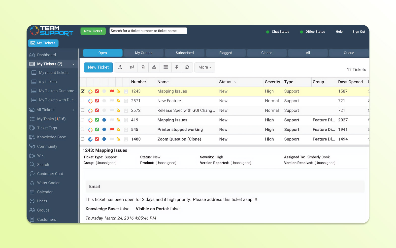 Screenshot der TeamSupport Helpdesk-Ticketing-Software mit Fokus auf B2B-Support, Kunden-Einblicken und Chat-Tools.