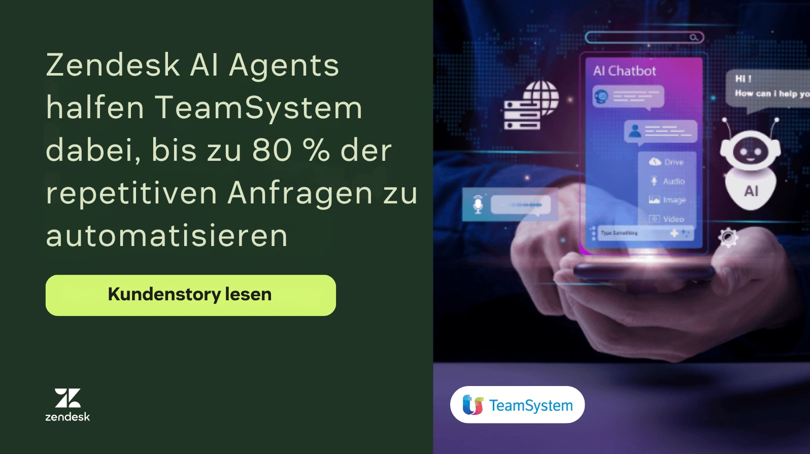 TeamSystem-Kundenstory hebt bis zu 80 Prozent Automatisierung repetitiver Anfragen mit Zendesk AI Agents hervor.