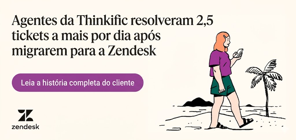 A woman reads on her phone about how Thinkific agents resolved 2.5 more tickets per day after switching to Zendesk.