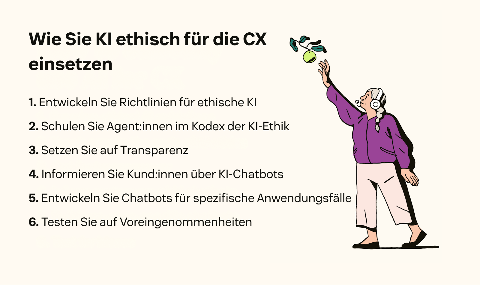 Eine Grafik zeigt sechs Tipps, um die KI-Ethik in der CX zu priorisieren.