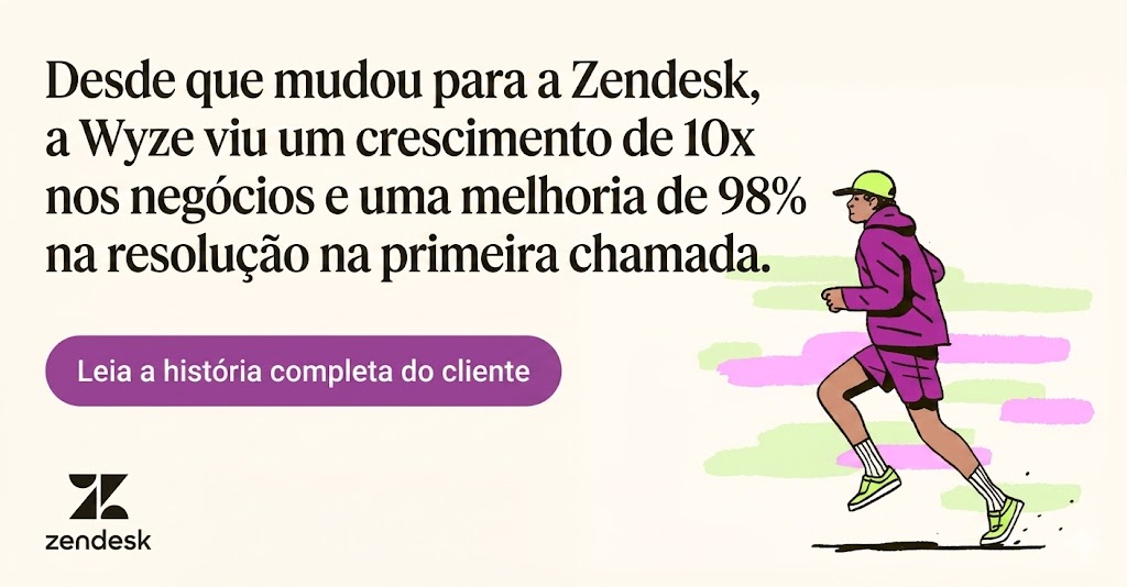 A man runs beside a statistic about how moving to Zendesk helped Wyze agents answer 98 percent of their calls.
