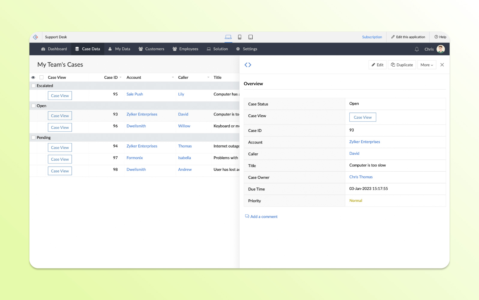 Screenshot der Zoho Desk Helpdesk-Software mit Ticket-Queues, Analysen und Team-Tools zur Zusammenarbeit.