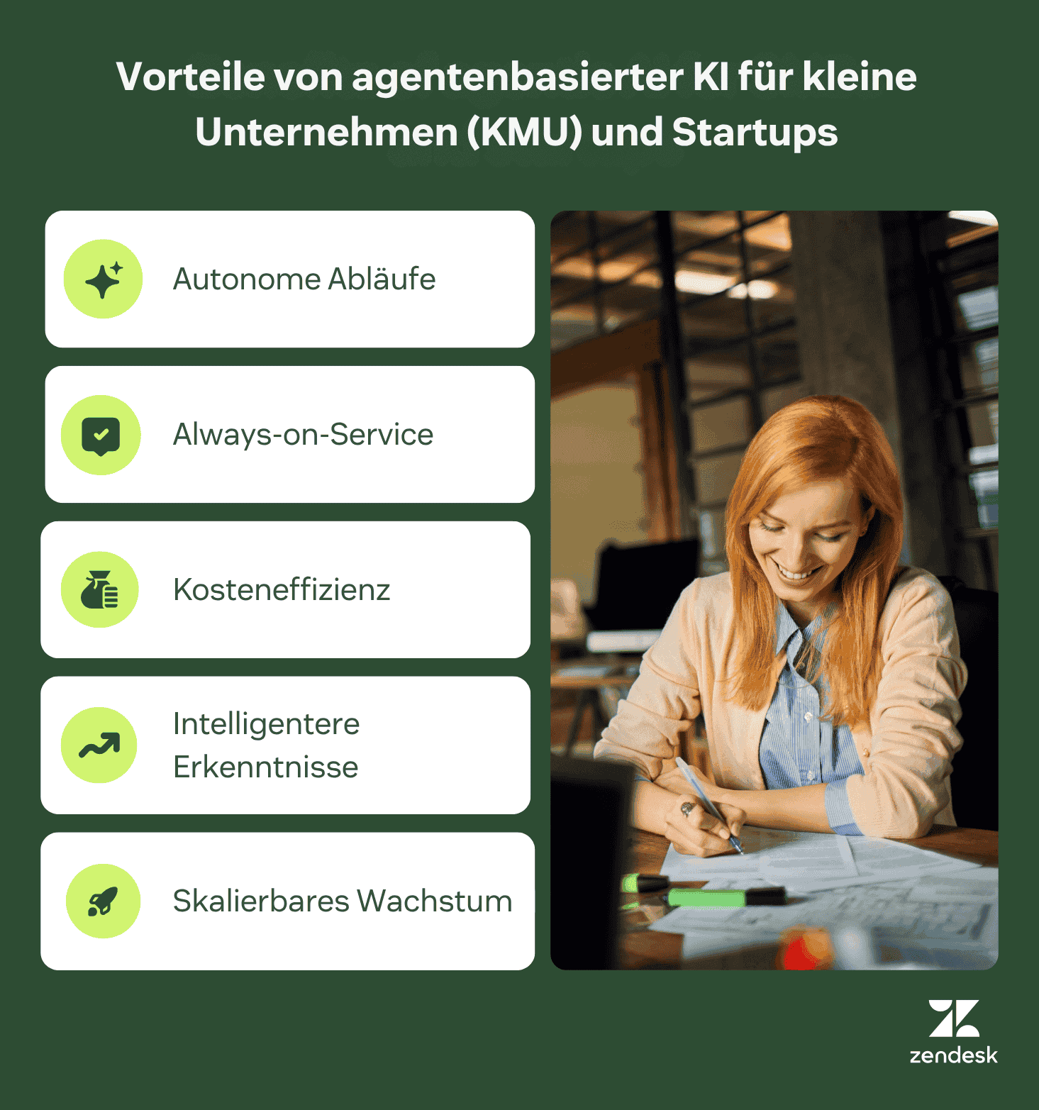 Infografik zu den Vorteilen von agentenbasierter KI für kleine Unternehmen mit Automatisierung, Always-on-Support und skalierbarem Wachstum.