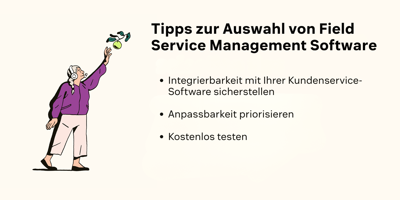 Eine Person in Wanderkleidung blickt durch ein Fernglas; daneben stehen Tipps zur Softwareauswahl.