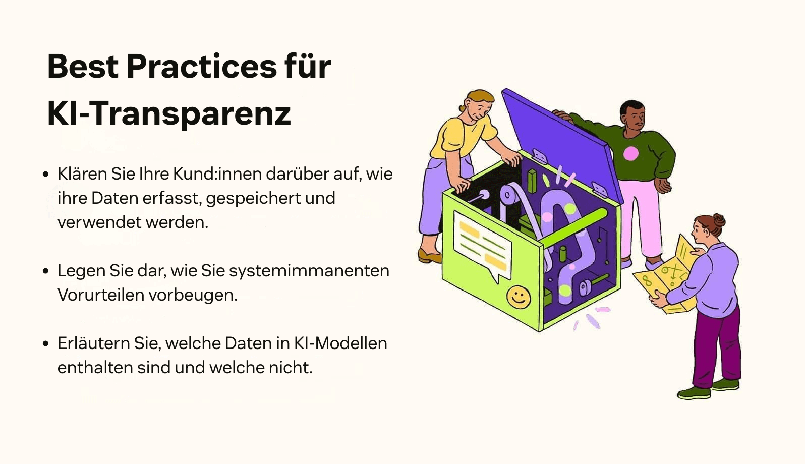 Die Grafik zeigt ein Foto, das KI-Transparenz darstellt, neben einer Liste von Best Practices.