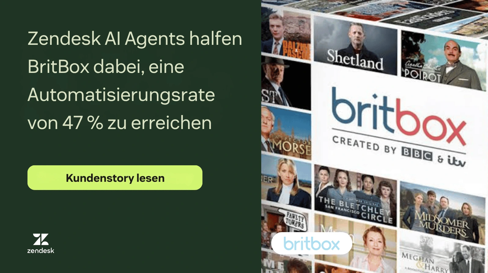 BritBox-Kundenstory hebt eine Automatisierungsrate von 47 Prozent mit Zendesk AI Agents hervor.