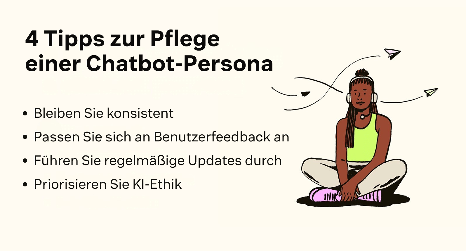 Ein Bild zeigt drei Tipps zur Implementierung einer Chatbot-Persona.