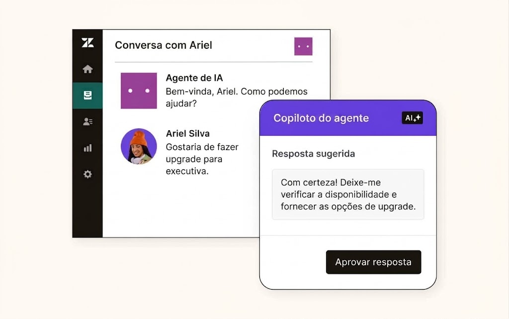 Captura de tela do AI Copilot da Zendesk como assistente com IA que aprimora o desempenho dos agentes.