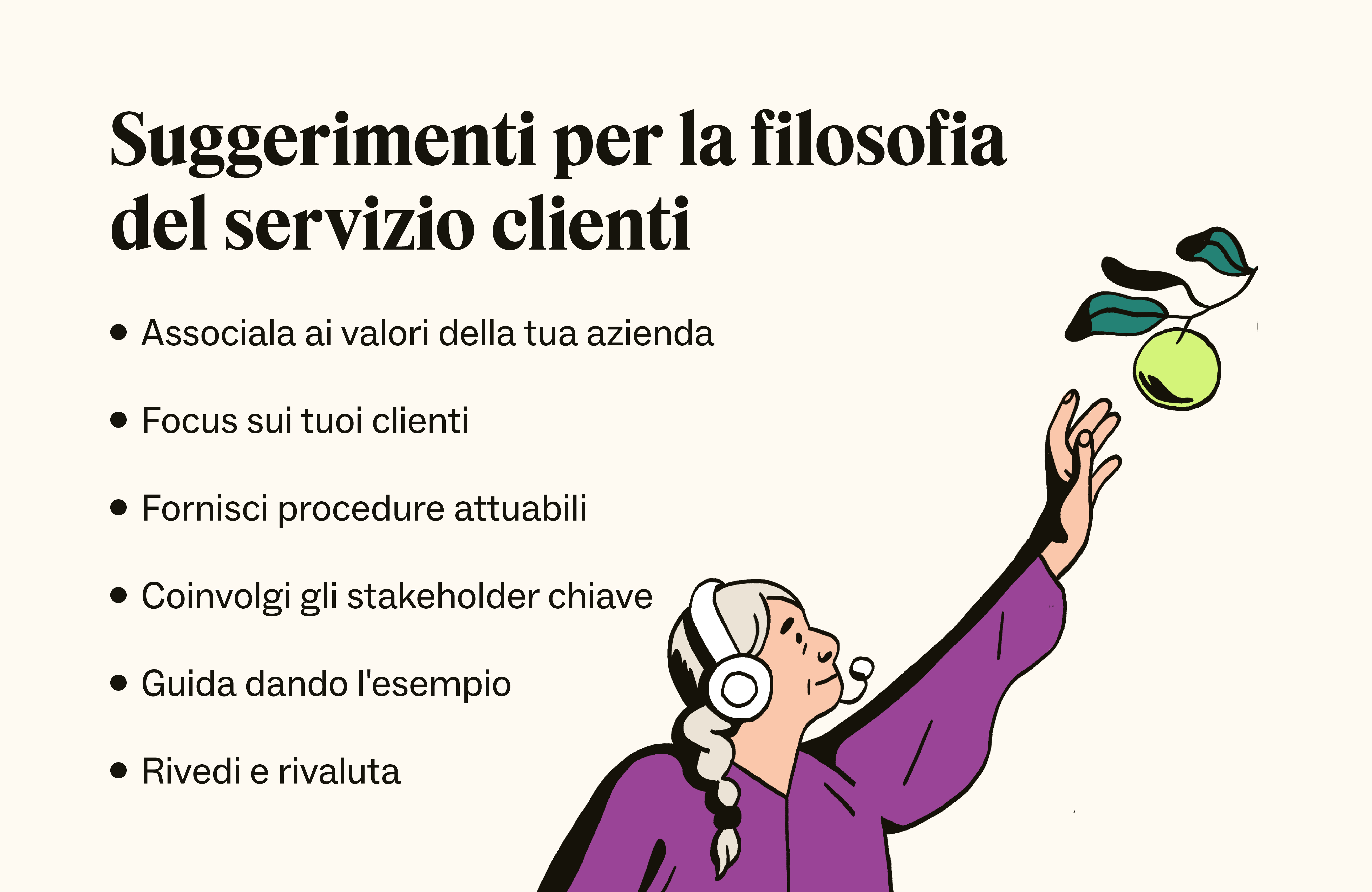 Un elenco puntato fornisce suggerimenti dettagliati per la creazione di una filosofia del servizio clienti.