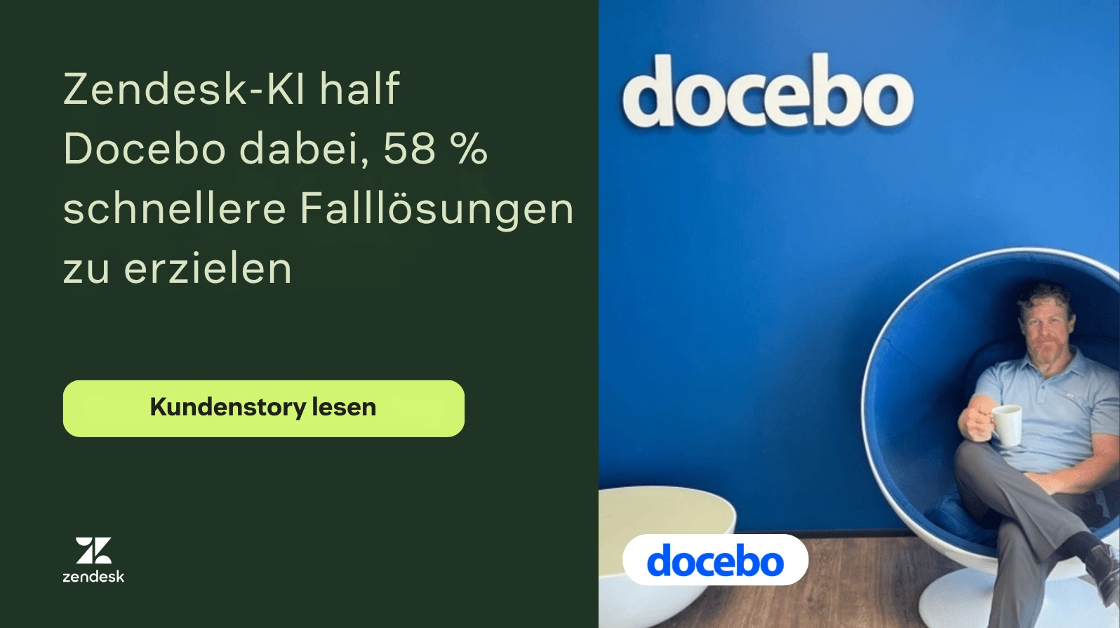 Docebo-Kundenstory hebt 58 Prozent schnellere Falllösungen mit Zendesk-KI hervor.