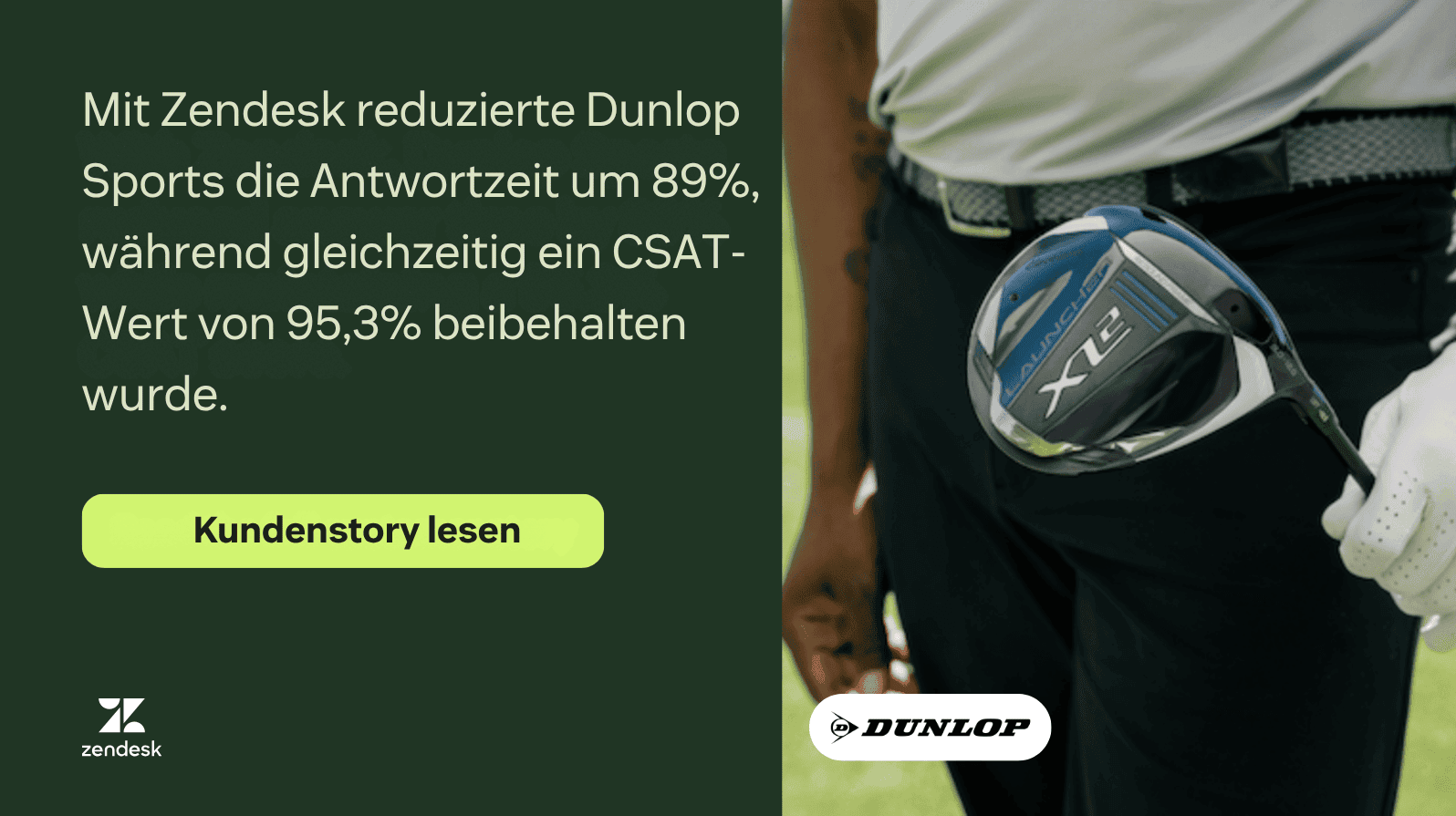 Grafik, die zeigt, dass Dunlop Sports die Antwortzeit um 89 % verkürzt und mit Zendesk einen CSAT von 95,3 % erreicht hat.