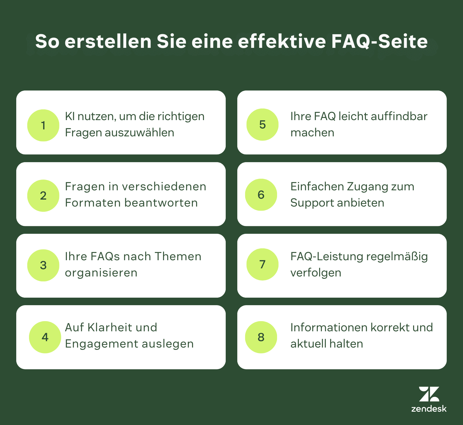 Infografik zu Best Practices für FAQ-Seiten, die acht Wege zeigt, wie Self-Service verbessert werden kann, einschließlich KI-gestützter Erkenntnisse und Tipps für das FAQ-Design.