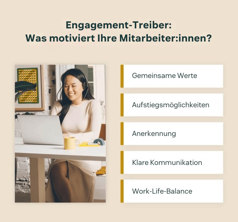 Was die Mitarbeiter:innen motiviert: gemeinsame Werte, Werbemöglichkeiten, Anerkennung, klare Kommunikation und Work-Life-Balance.