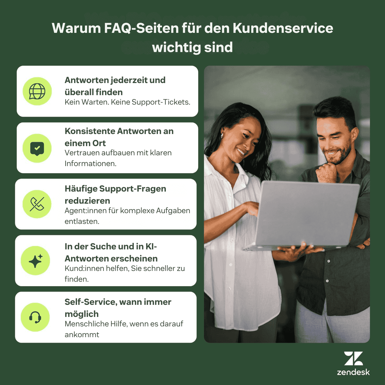 Infografik zur FAQ-Seite, die fünf Vorteile für den Kundenservice aufzeigt, einschließlich Self-Service, Effizienz und Suchsichtbarkeit.