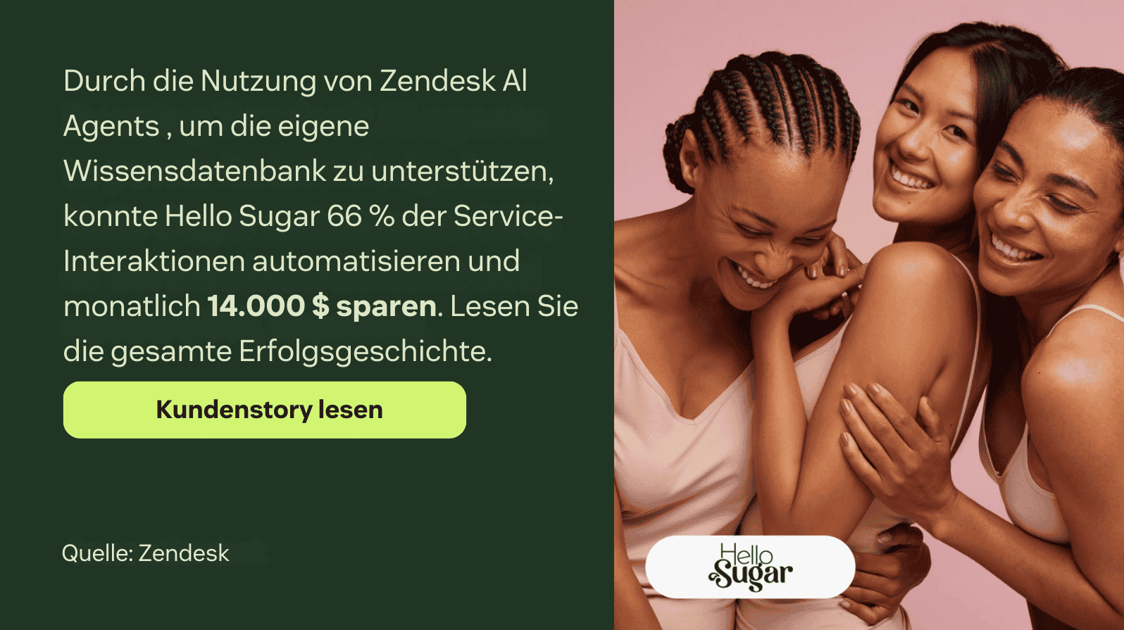 Kundenbericht, der skizziert, wie Hello Sugar 66 % der Service-Interaktionen automatisierte und mit Zendesk AI Agents 14.000 $ pro Monat sparte.