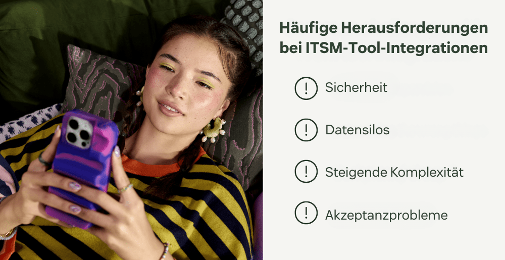 Eine Visualisierung der vier wichtigsten Herausforderungen bei ITSM-Tool-Integrationen.