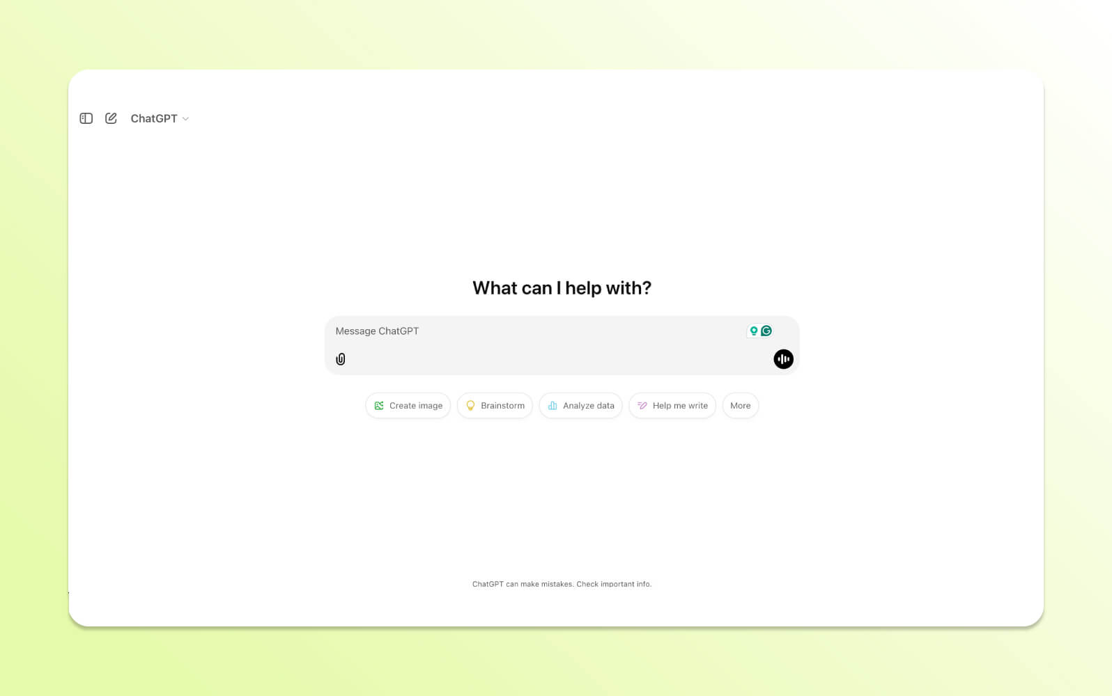 Clean ChatGPT interface prompts, 'What can I help with?', demonstrating an AI chatbot.