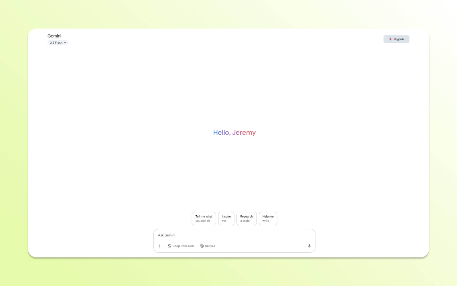Gemini AI chatbot interface shows 'Hello, Jeremy' and prompt suggestions.