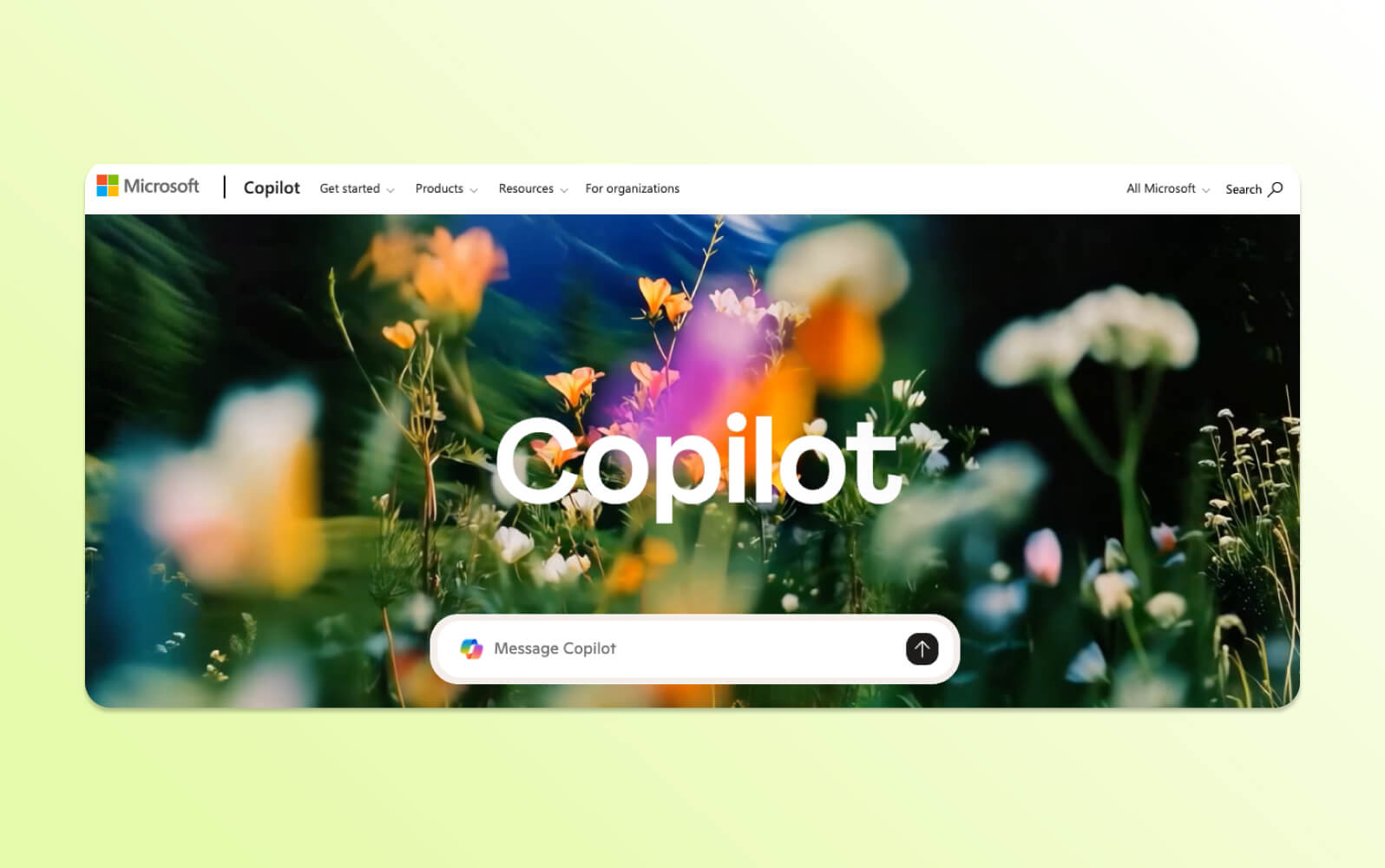 Microsoft Copilot, a top AI chatbot, homepage features 'Copilot' over wildflowers.